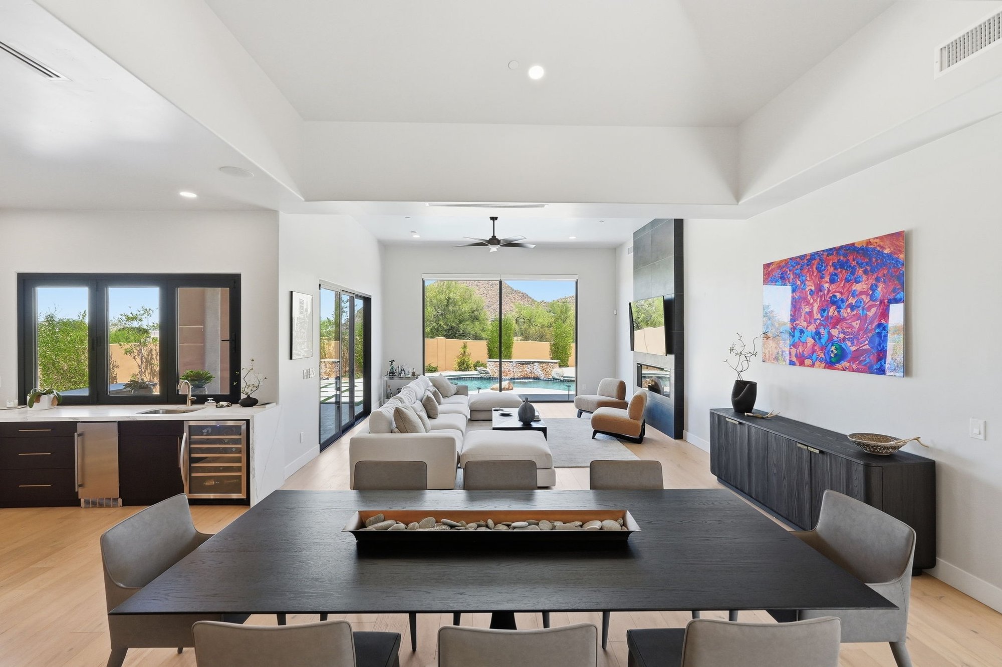 Open dining area with the kitchen beyond
