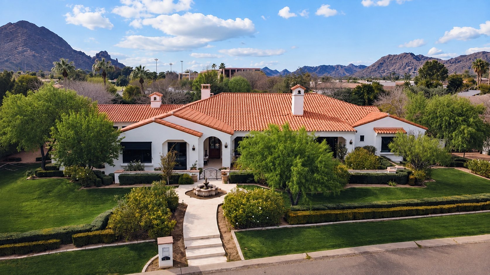 Aerial view of the front of a Paradise Valley luxury estate with Camelback Mountain in the background
