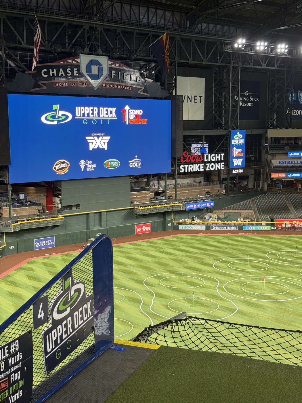 The outfield grass at Chase Field set up for a golf event, home of the Diamondbacks