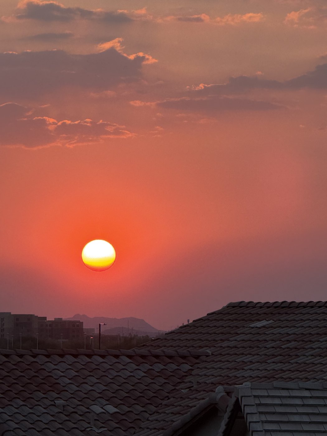 A bright pink and orange Arizona sunset over rooftops