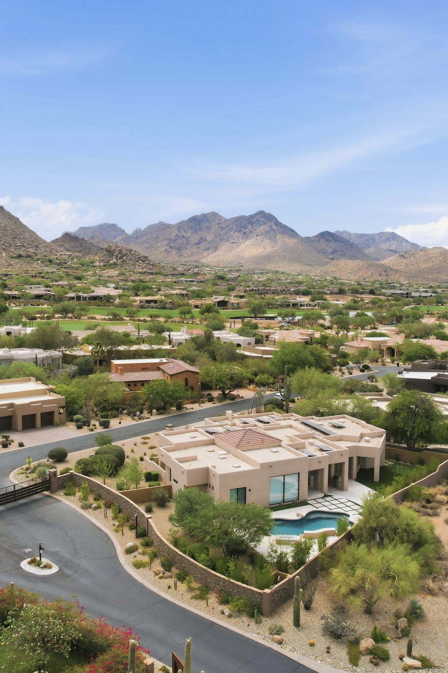 Aerial view of a North Scottsdale neighborhood with mountain views